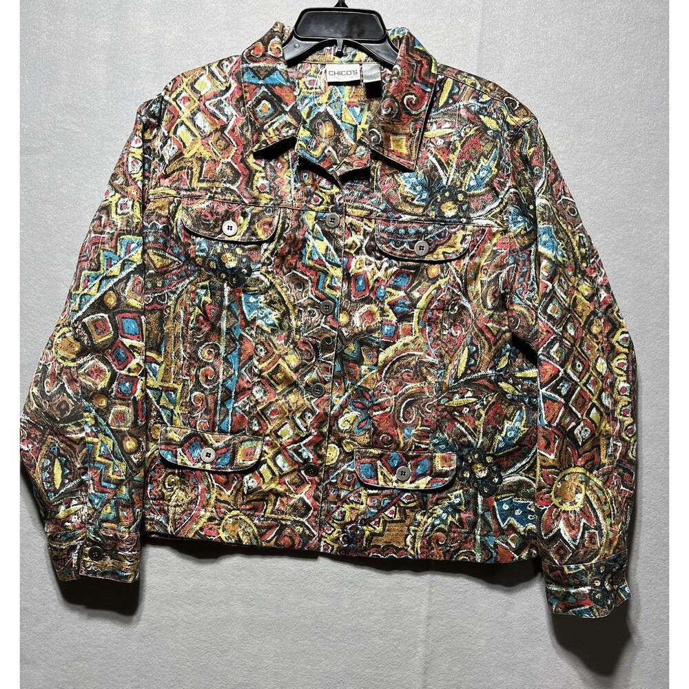 Chico’s Size 3 XL Multicolor Abstract Tribal Art Print Shirt Jacket Button Front
